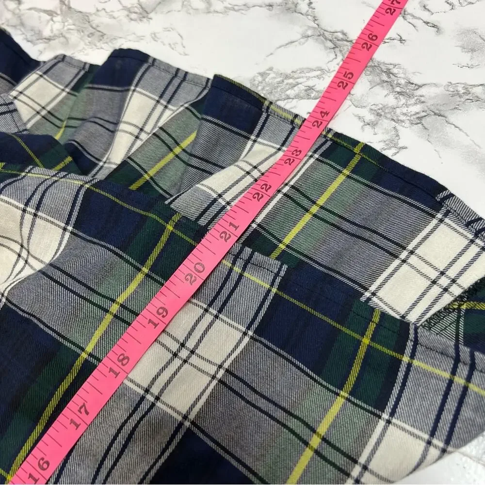 Petersyn Plaid Dexter Top Sz M navy green white puff sleeve
